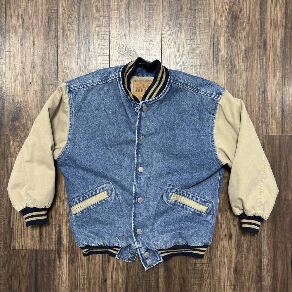 Gap Blue Jeans Boys Varsity Denim Jacket Colorblock Lined Button Size Large VTG
